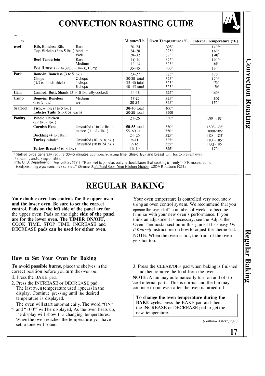 GE 164D2966P126 warranty Convection Roasting GU~E, Regular Baking, Medium, ~50 Pot Roast 2~ t 3 lbs, Chuck, Rump 