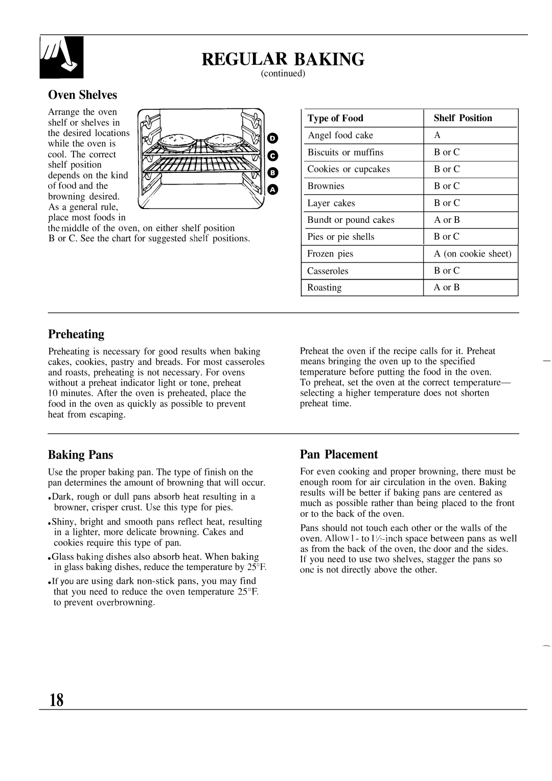 GE 164D2966P126 warranty Wgular Baking, Preheating, Baking Pans, Pan Placement, Type of F’ood Shelf Position 