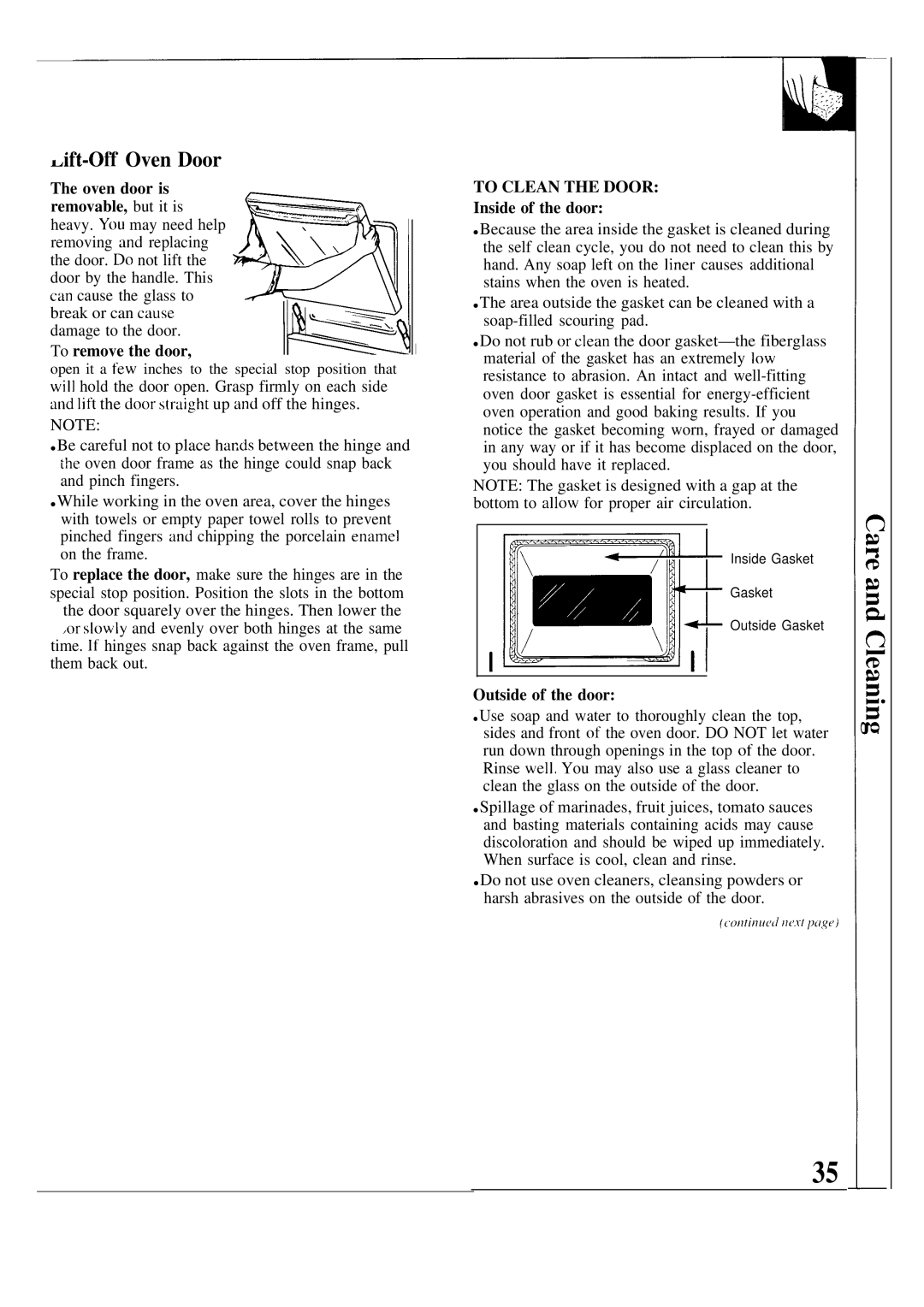 GE 164D2966P126 warranty ~ift-Off Oven Door, Oven door is Removable, but it is, To remove the door, Inside of the door 