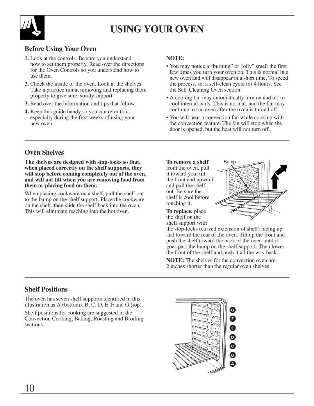 GE 164D2966P205-1 manual Before Using Your Oven, Oven Shelves, Shelf Positions, To remove a shelf 