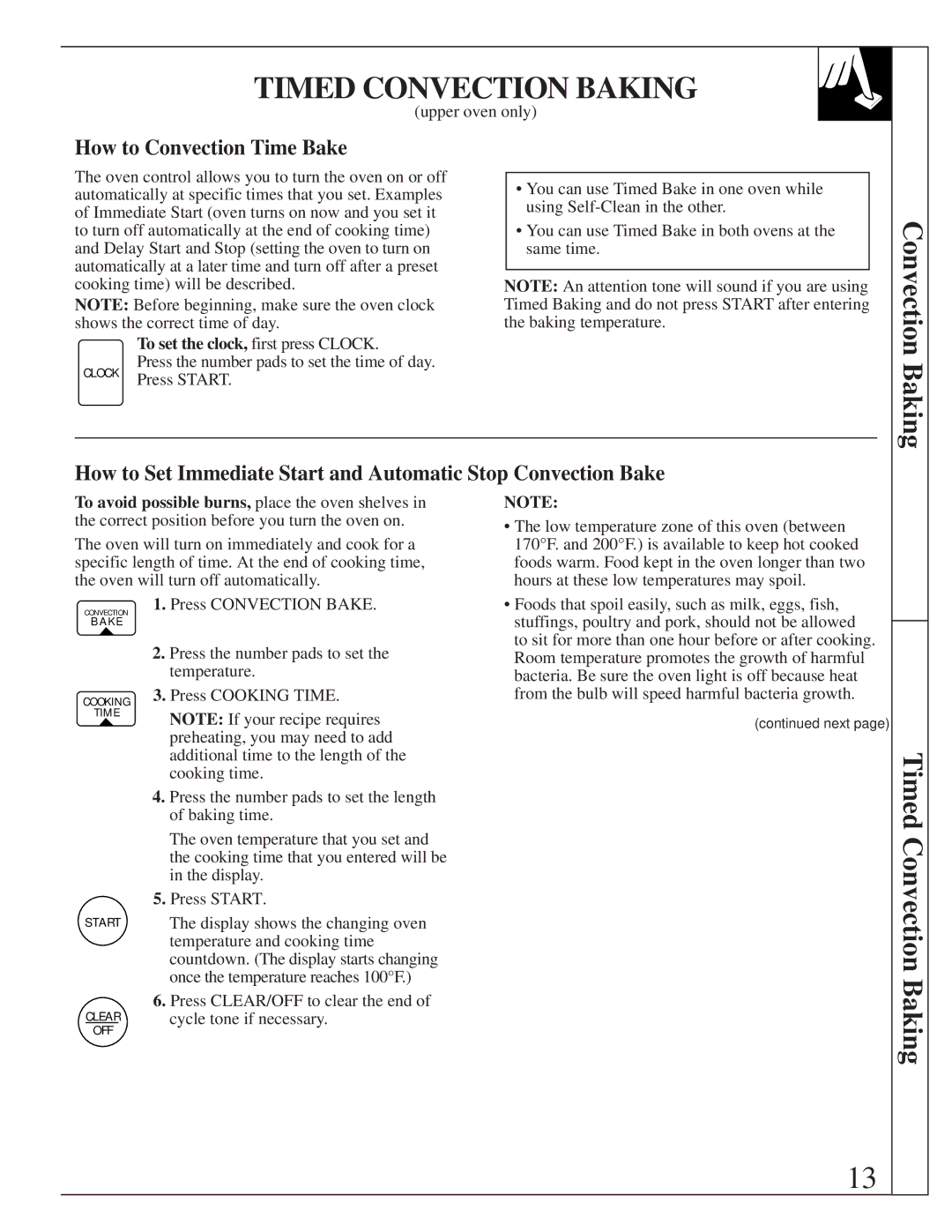 GE 164D2966P205-1 manual Timed Convection Baking, How to Convection Time Bake, To set the clock, first press Clock 