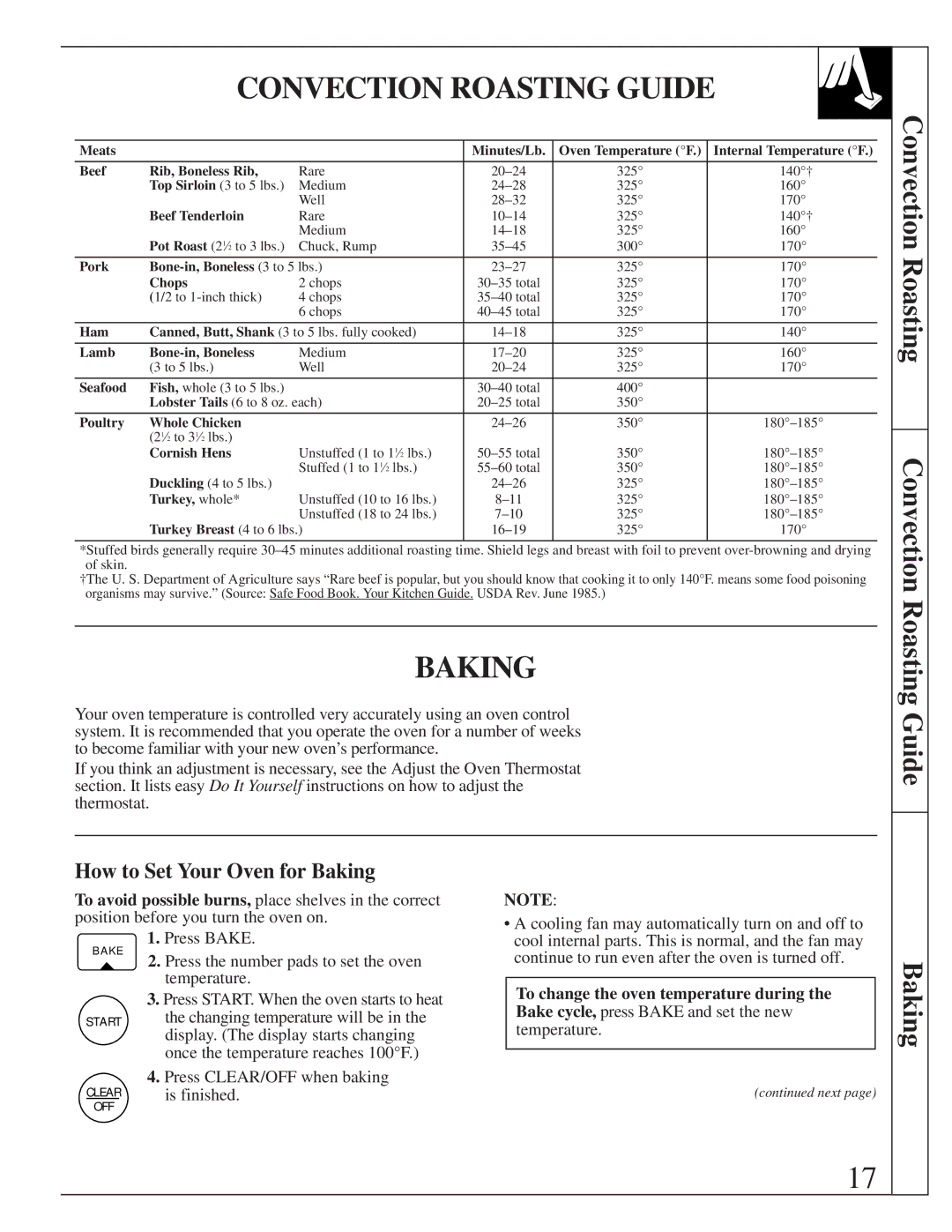 GE 164D2966P205-1 manual Convection Roasting Convection Roasting Guide, How to Set Your Oven for Baking 