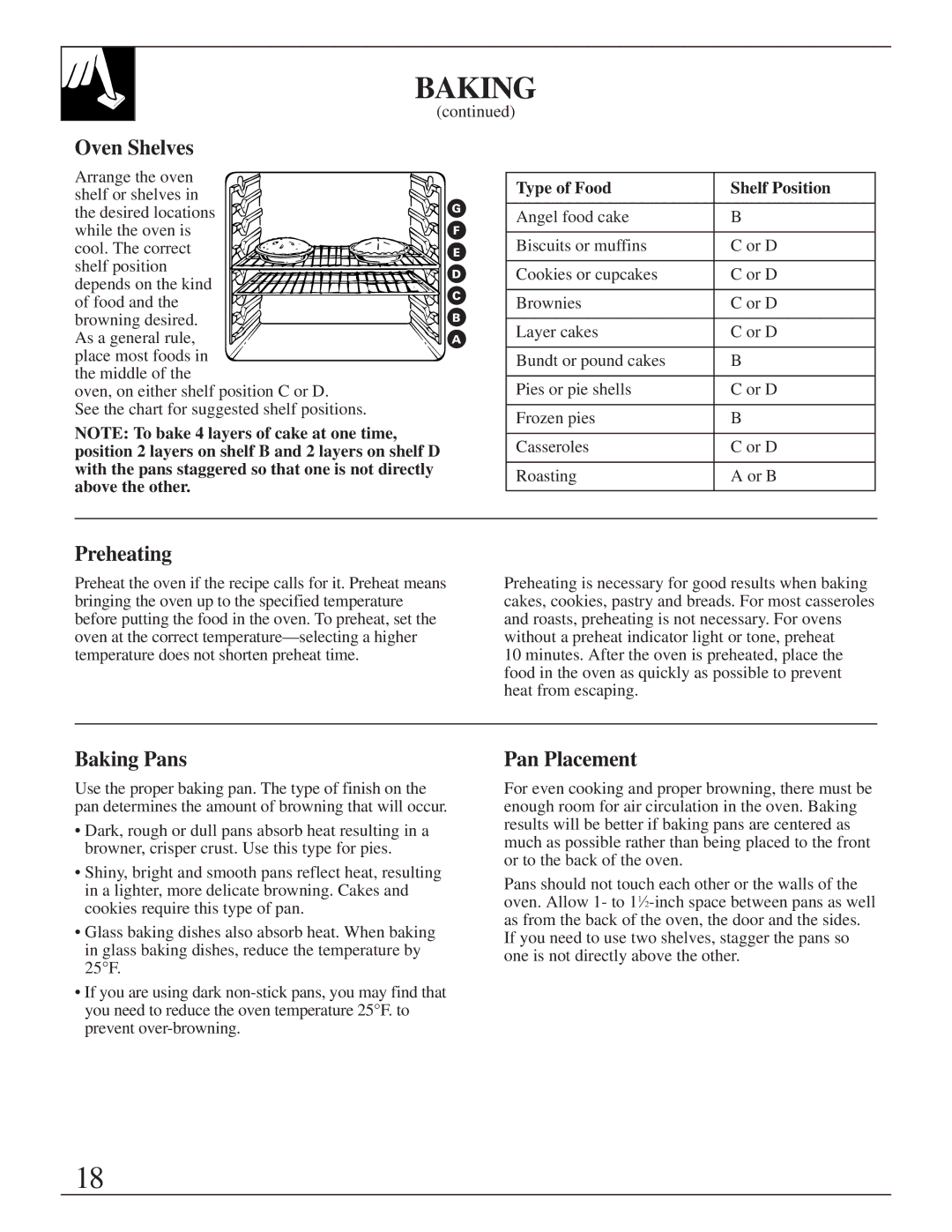 GE 164D2966P205-1 manual Preheating, Baking Pans, Pan Placement, Type of Food Shelf Position 