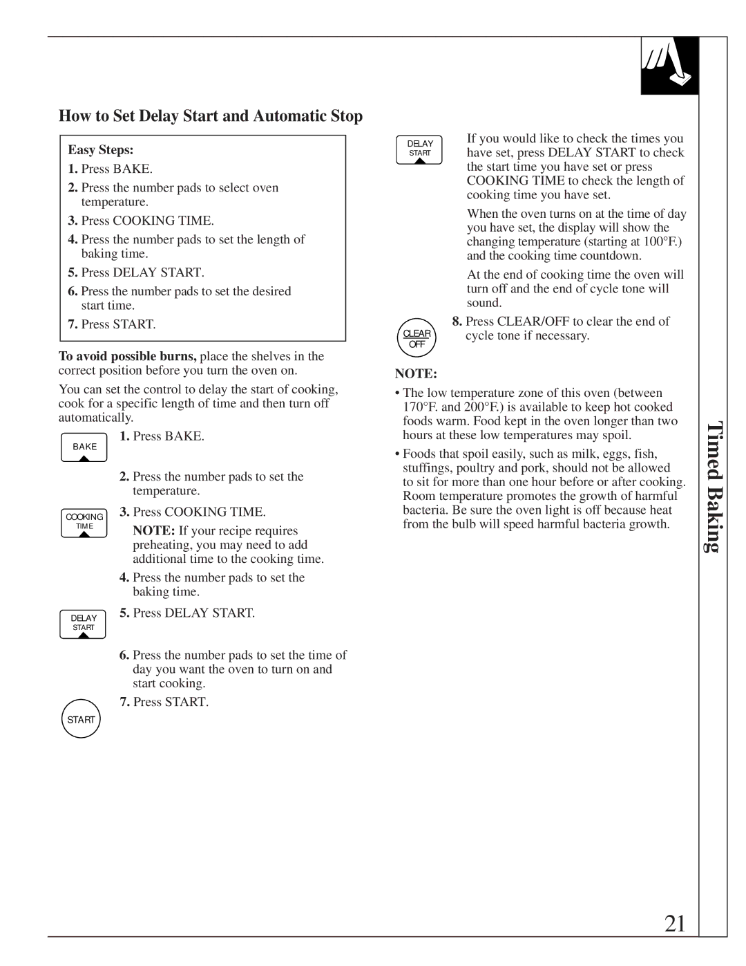 GE 164D2966P205-1 manual Timed Baking, How to Set Delay Start and Automatic Stop 