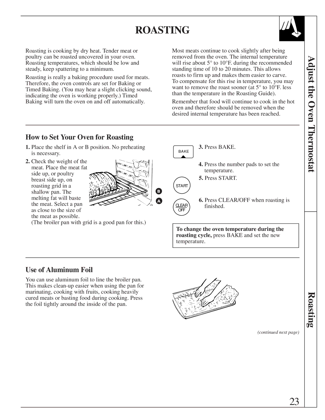 GE 164D2966P205-1 manual Roasting, Adjust the Oven, Thermostat 