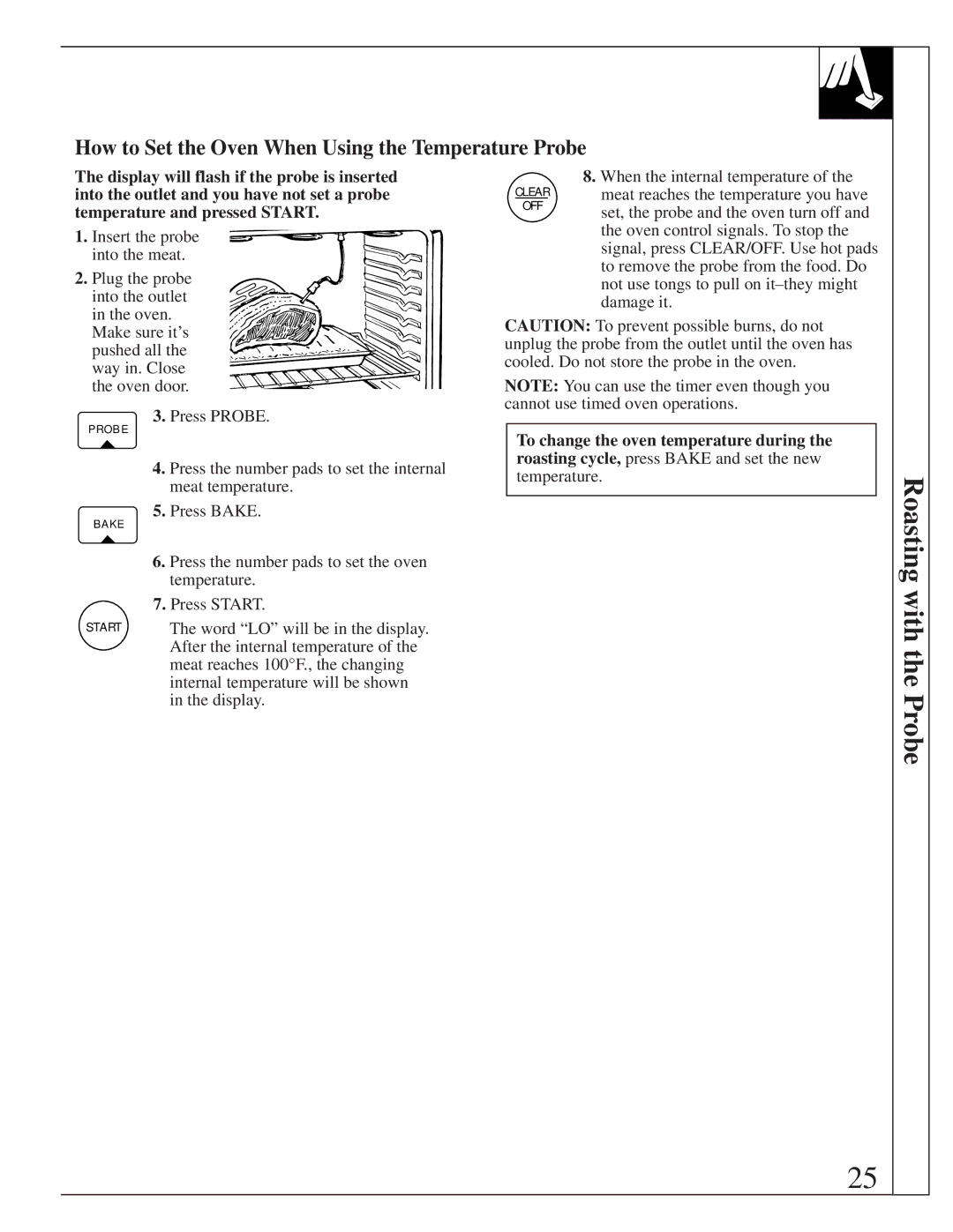 GE 164D2966P205-1 manual Roasting with the Probe, How to Set the Oven When Using the Temperature Probe 