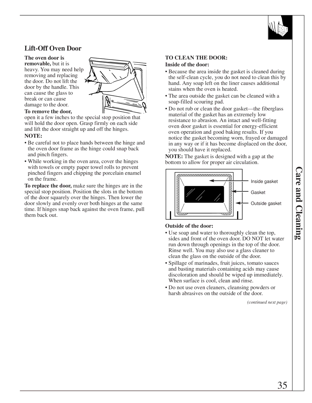 GE 164D2966P205-1 manual Care and Cleaning, Lift-Off Oven Door, To remove the door, Inside of the door, Outside of the door 