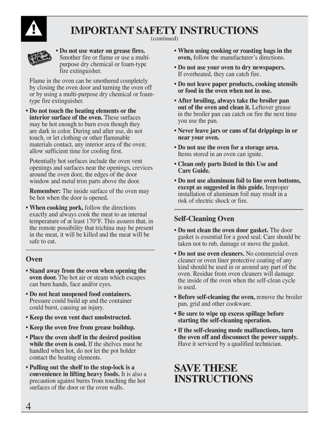 GE 164D2966P205-1 manual Save These Instructions, Self-Cleaning Oven 