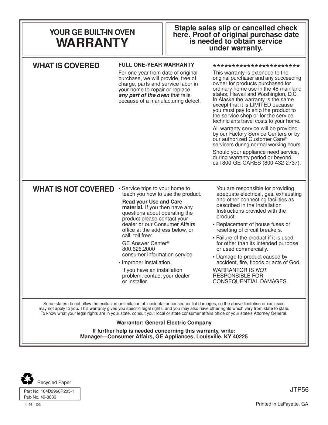 GE 164D2966P205-1 manual Warranty 