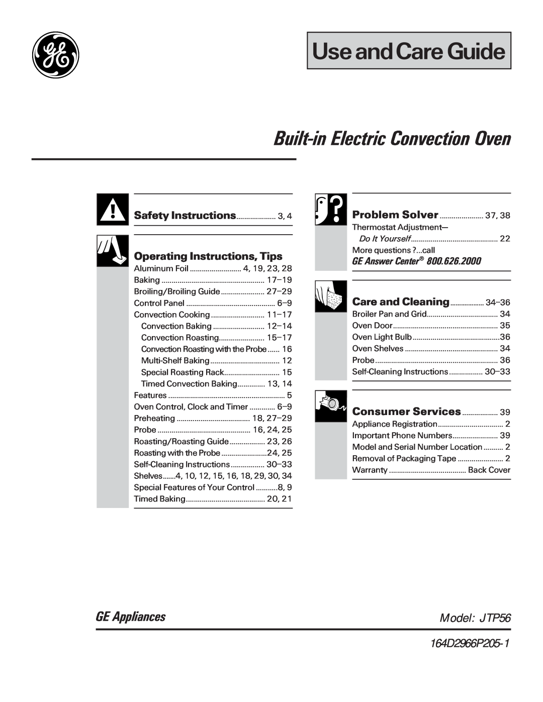 GE 164D2966P205-1 manual UseandCare Guide, Built-inElectric Convection Oven, GE Appliances, Operating Instructions, Tips 