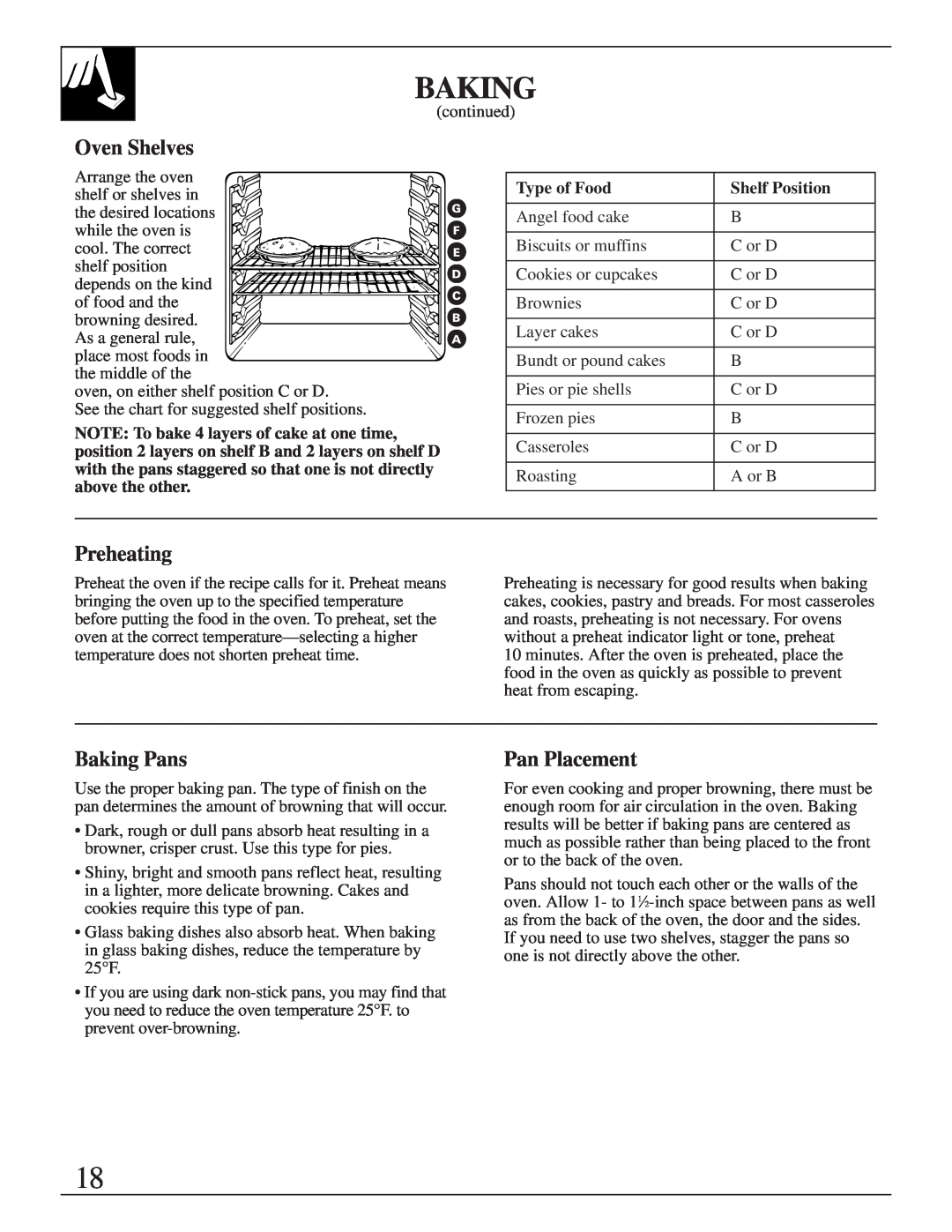 GE 164D2966P205-1 manual Preheating, Baking Pans, Pan Placement, Oven Shelves 