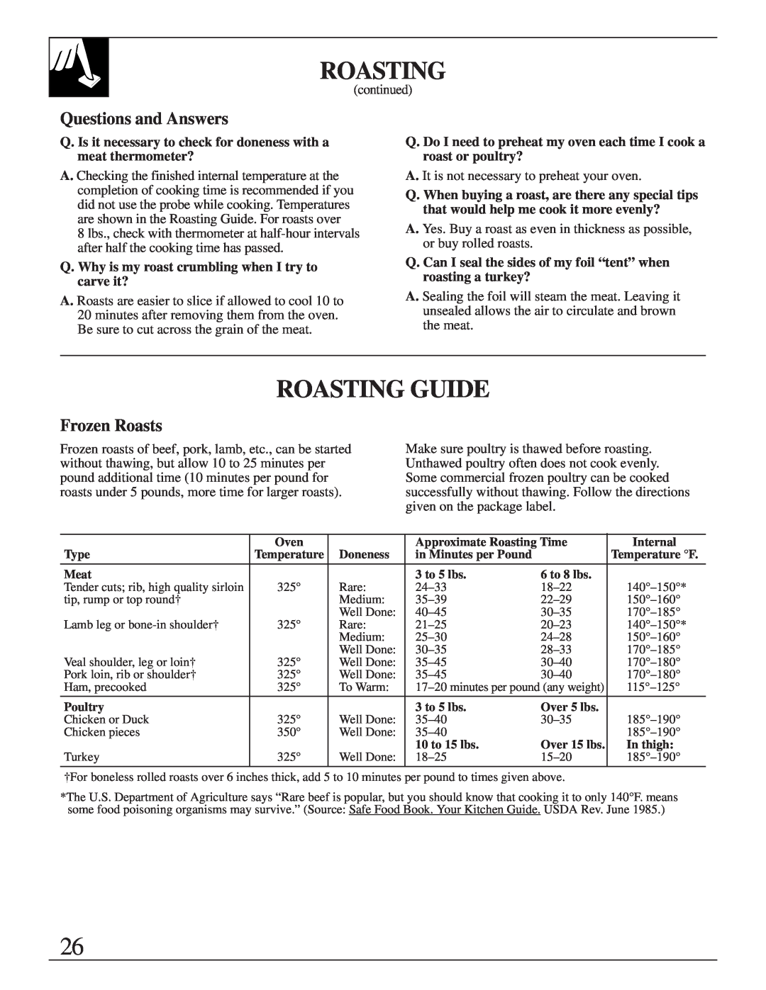 GE 164D2966P205-1 manual Roasting Guide, Questions and Answers, Frozen Roasts 
