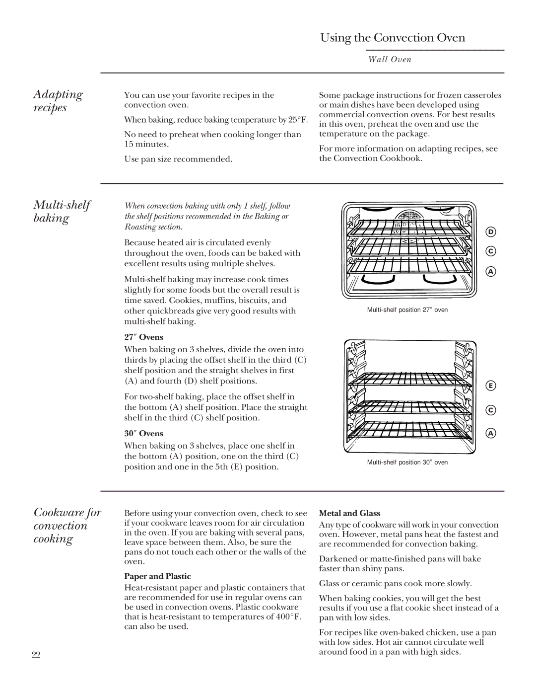 GE 164D3333P095 manual Adapting recipes, Multi-shelf baking, Cookware for convection cooking 