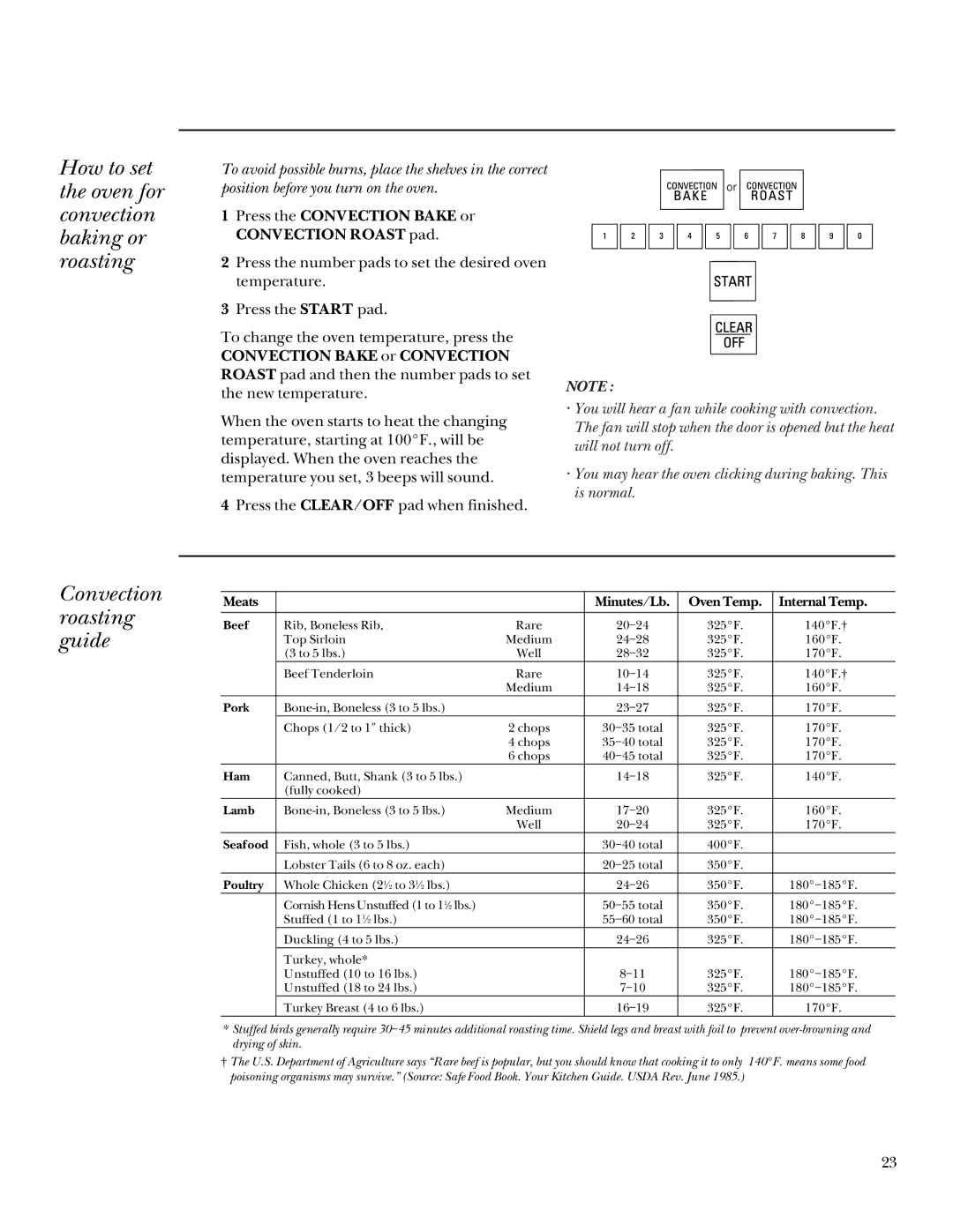 GE 164D3333P095 manual How to set the oven for convection baking or roasting, Convection roasting guide 