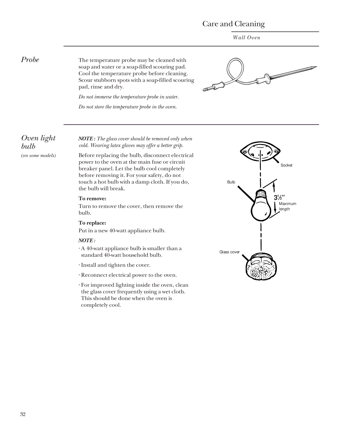 GE 164D3333P095 manual Probe, Oven light bulb 