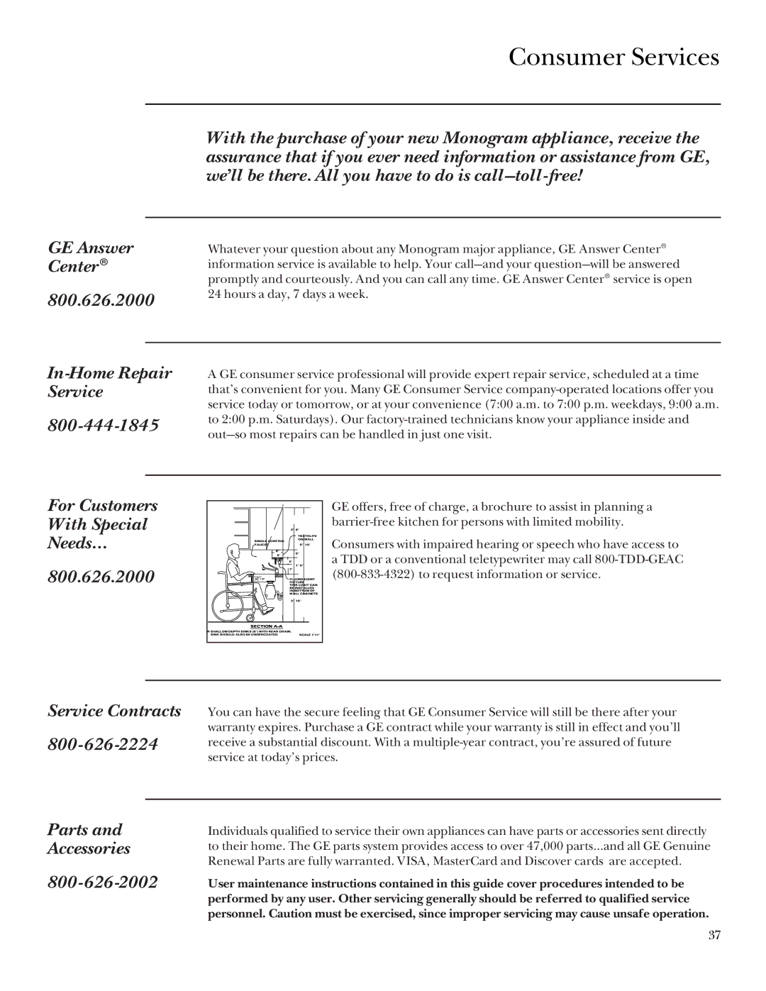 GE 164D3333P095 manual In-Home Repair Service, For Customers With Special Needs… 800.626.2000, Service Contracts 800 