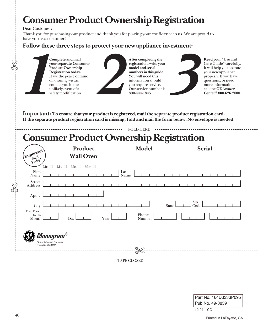 GE 164D3333P095 manual Consumer Product Ownership Registration 