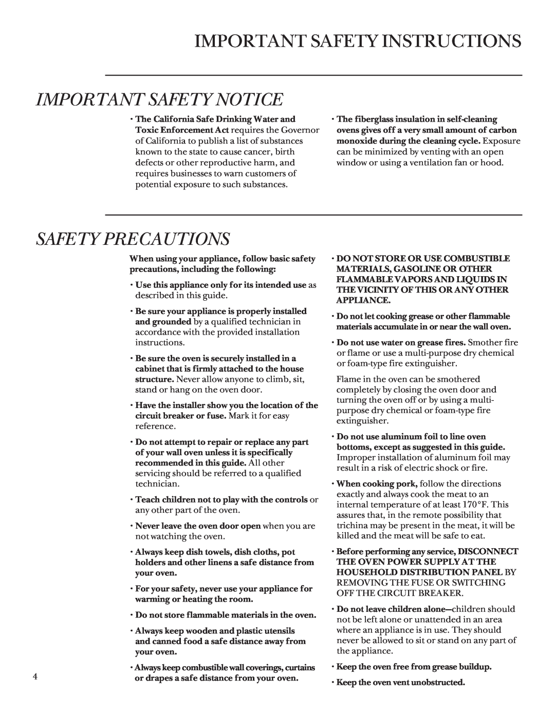 GE 164D3333P095 manual Important Safety Instructions, Important Safety Notice, Safety Precautions 