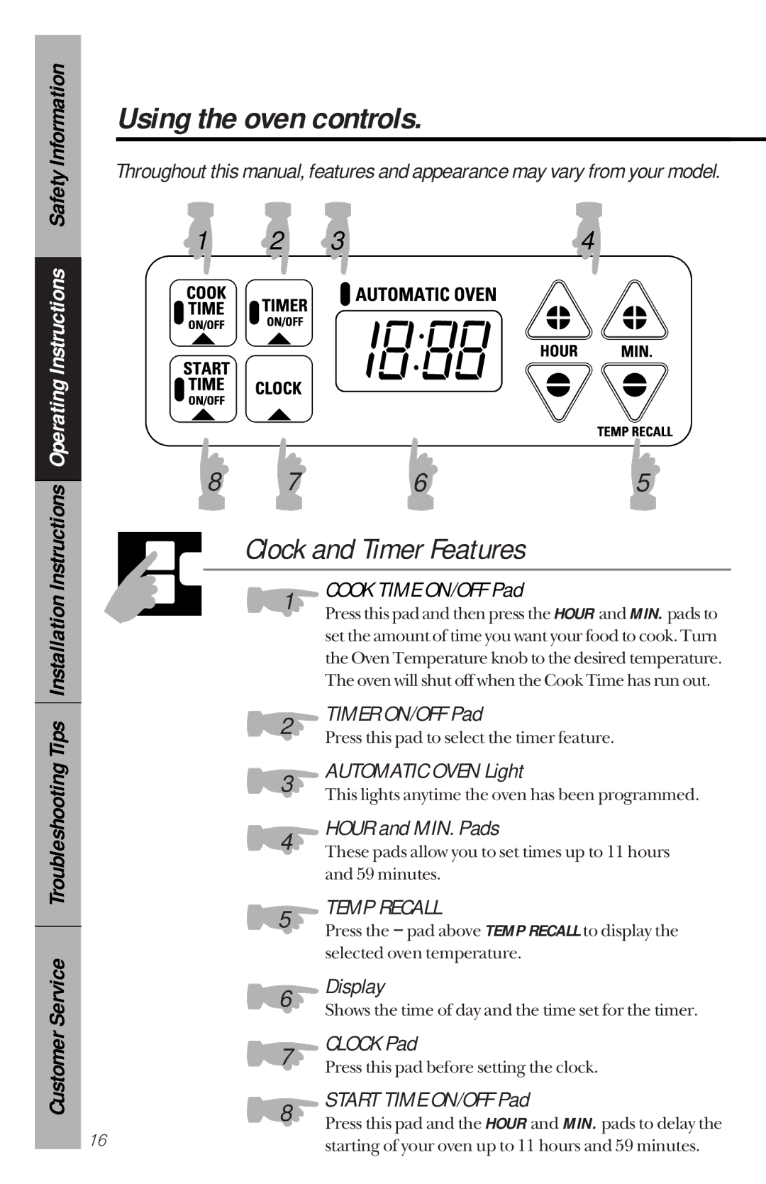 GE 164D3333P150 owner manual Using the oven controls, Customer Service Troubleshooting Tips 