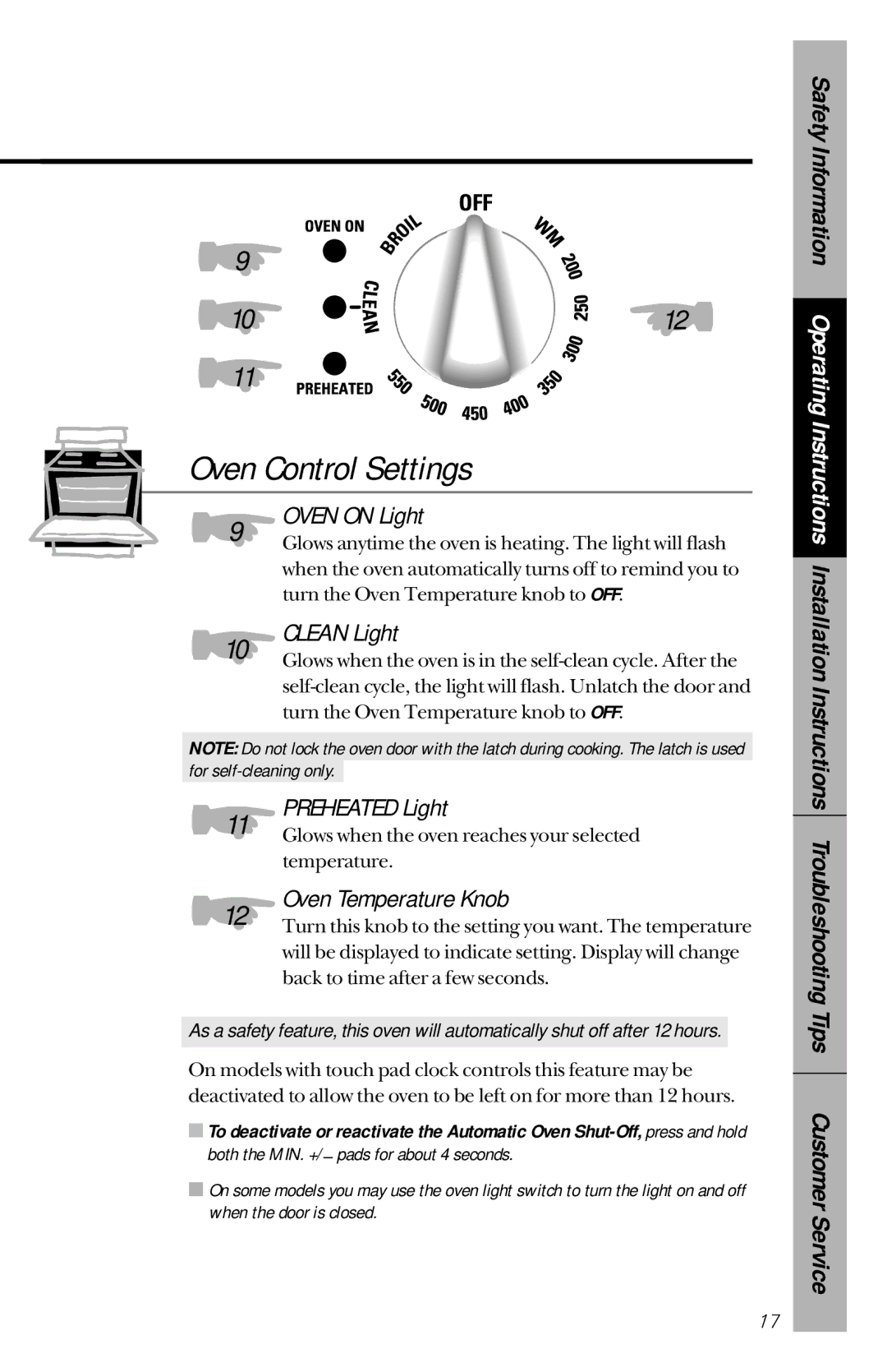 GE 164D3333P150 owner manual Oven on Light, Clean Light, Preheated Light, Oven Temperature Knob 