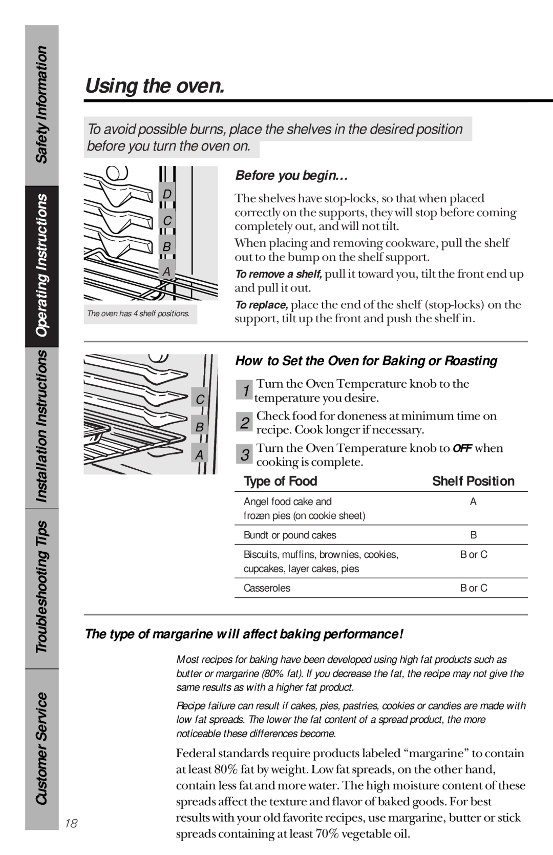 GE 164D3333P150 owner manual Using the oven, Before you begin…, Type of margarine will affect baking performance 