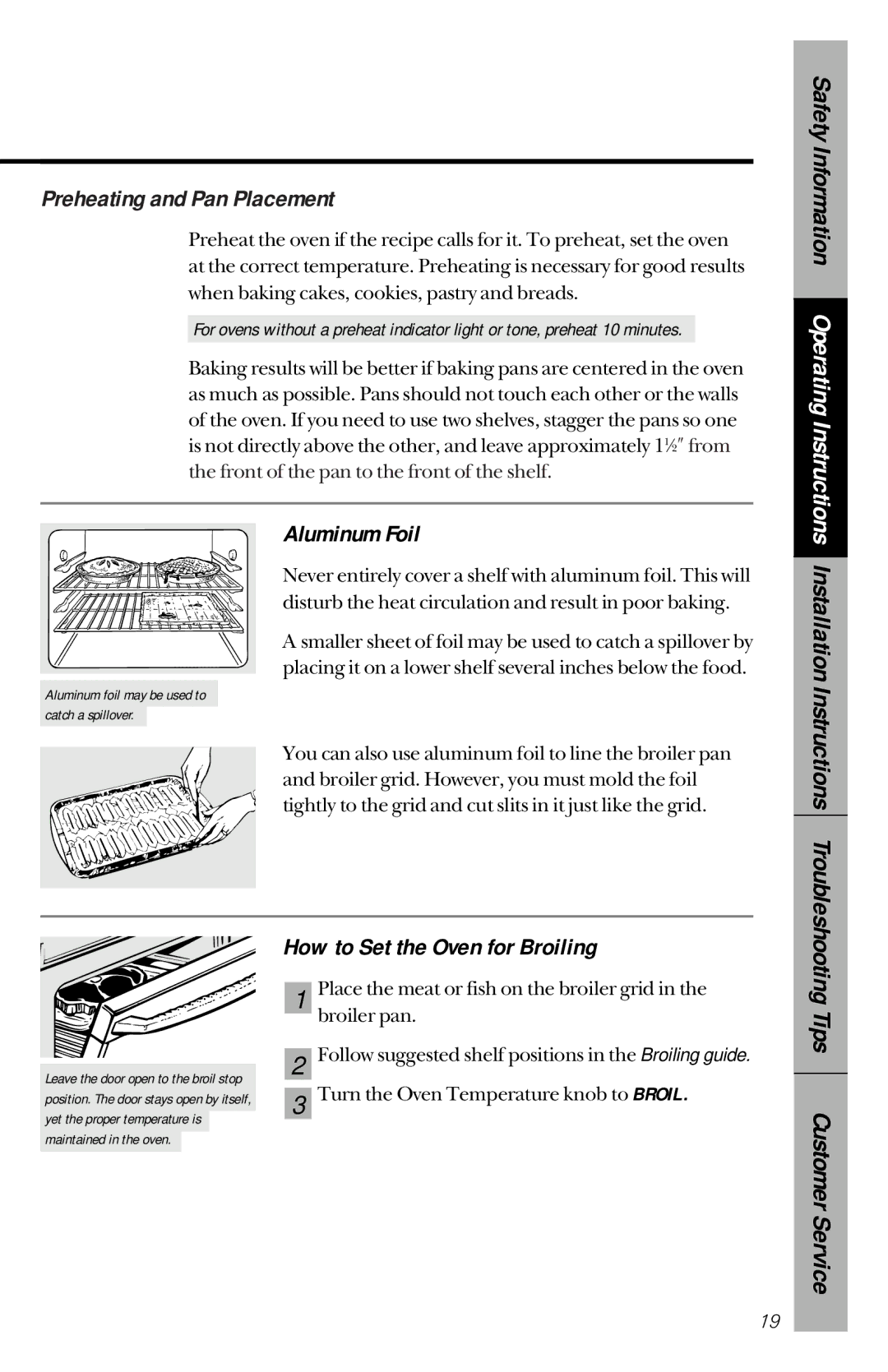 GE 164D3333P150 owner manual Preheating and Pan Placement, Aluminum Foil, How to Set the Oven for Broiling 