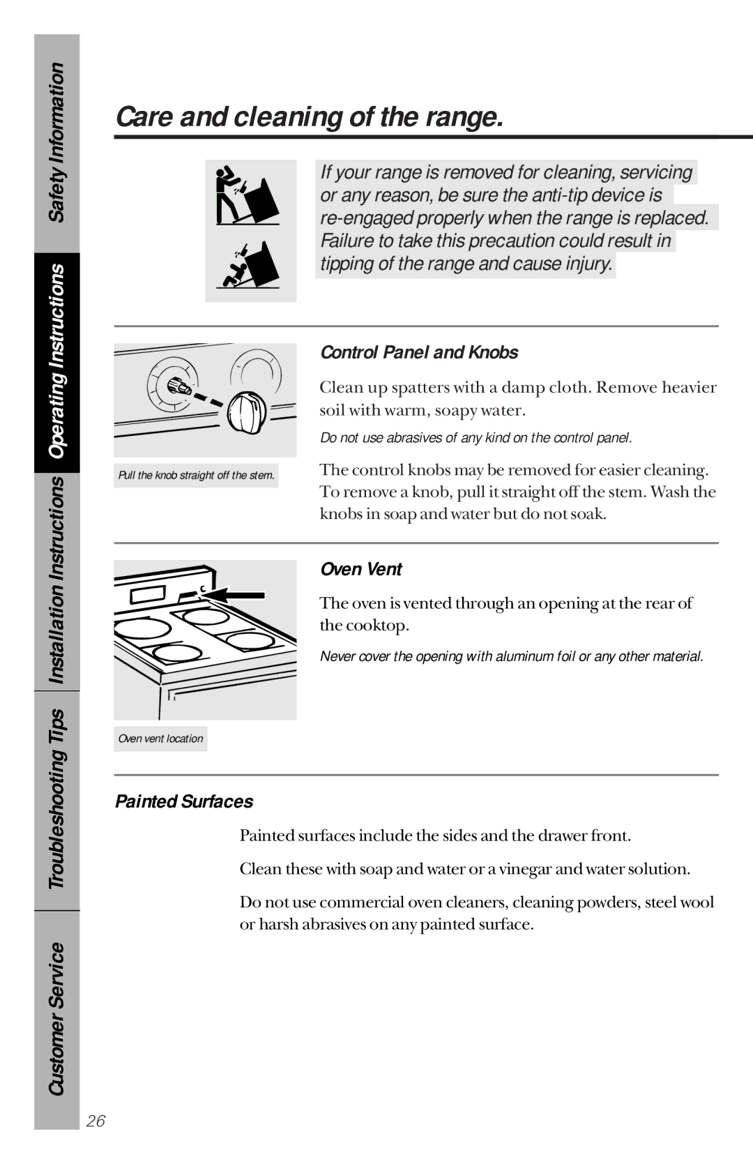 GE 164D3333P150 owner manual Care and cleaning of the range, Control Panel and Knobs, Oven Vent, Painted Surfaces 