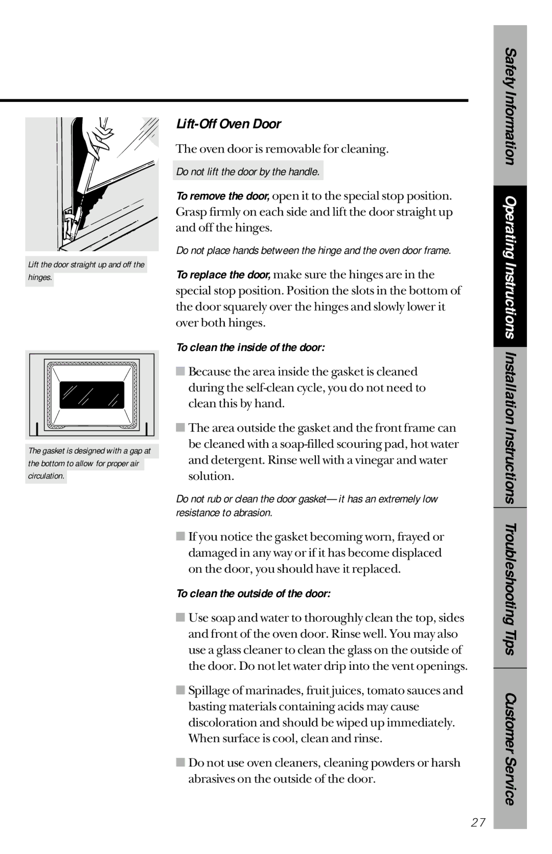 GE 164D3333P150 owner manual Lift-Off Oven Door, Do not lift the door by the handle, To clean the inside of the door 