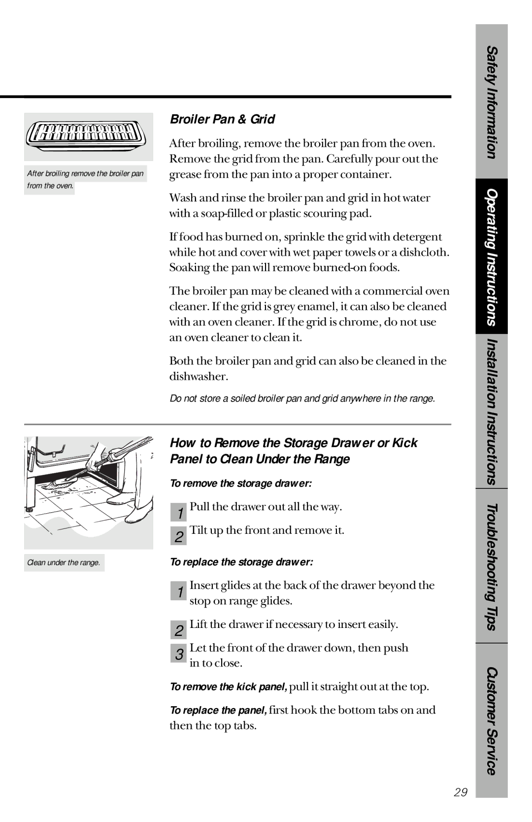 GE 164D3333P150 owner manual Broiler Pan & Grid, To remove the storage drawer, To replace the storage drawer 