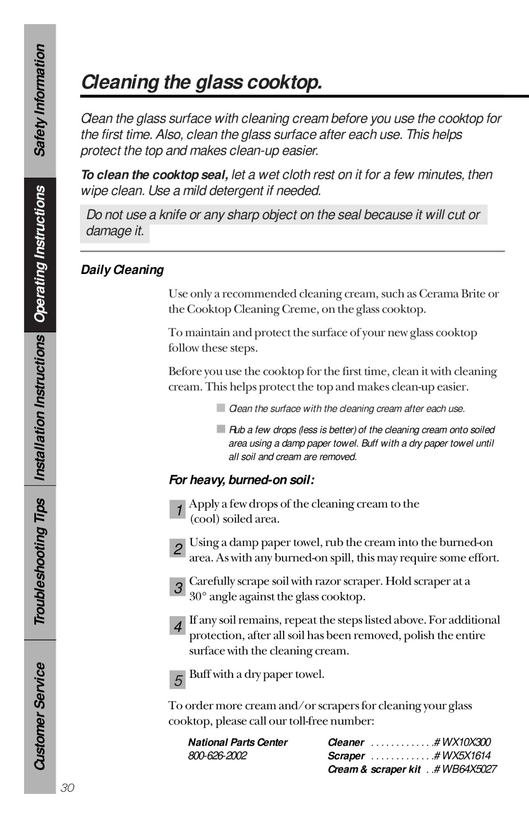 GE 164D3333P150 owner manual Cleaning the glass cooktop, Daily Cleaning, For heavy, burned-on soil, National Parts Center 