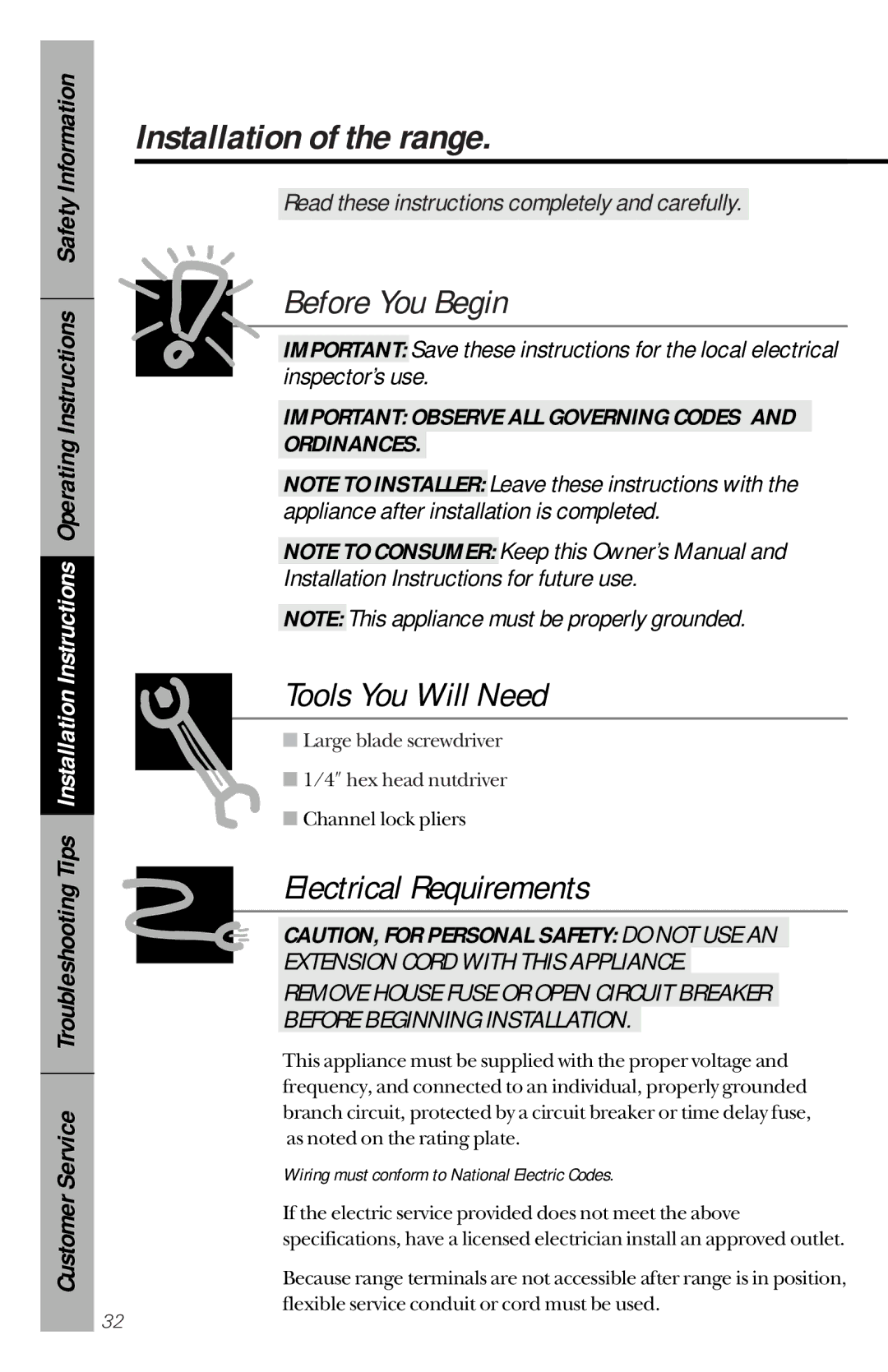 GE 164D3333P150 owner manual Installation of the range, Read these instructions completely and carefully 