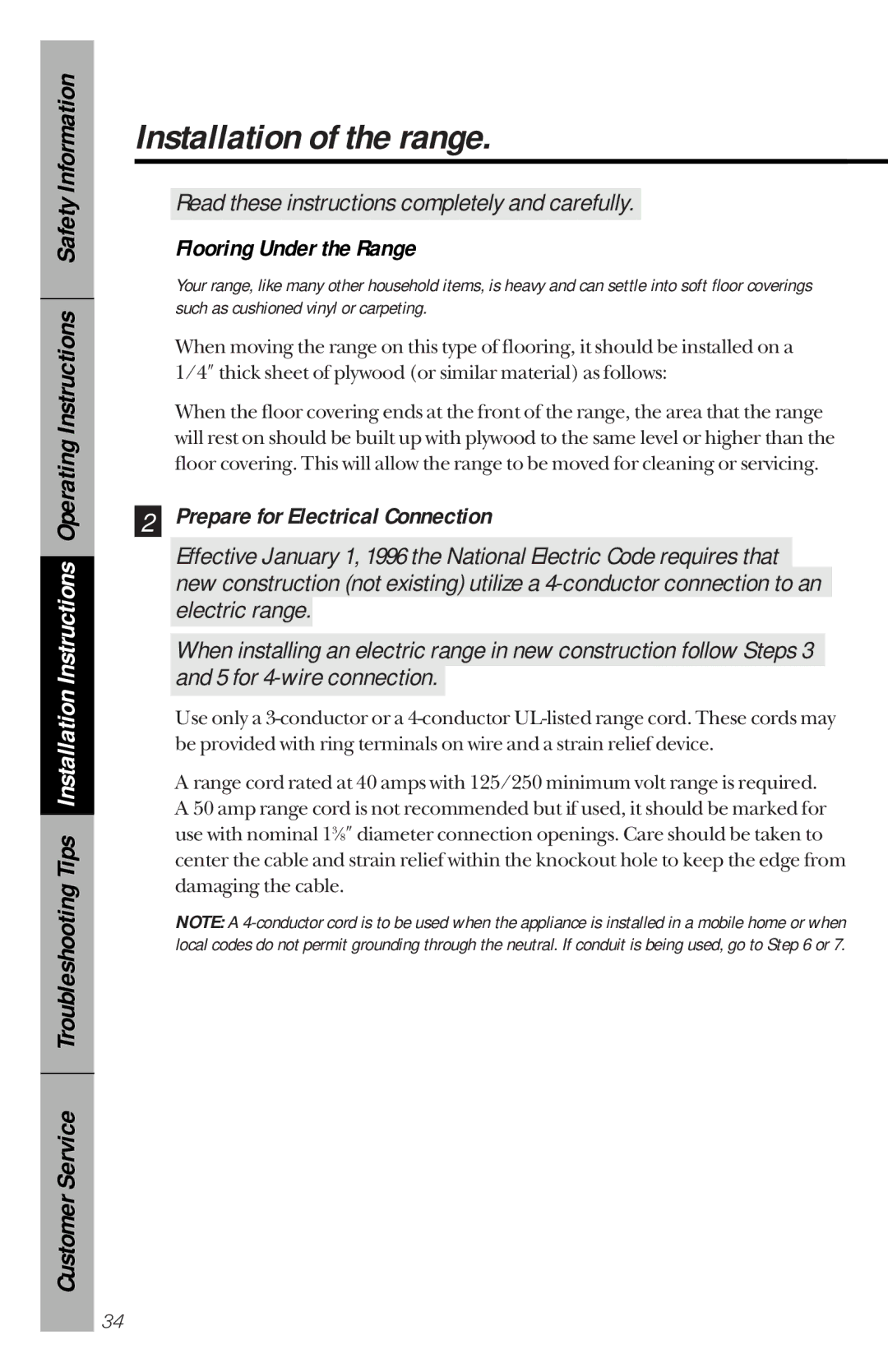 GE 164D3333P150 owner manual Flooring Under the Range, Prepare for Electrical Connection 