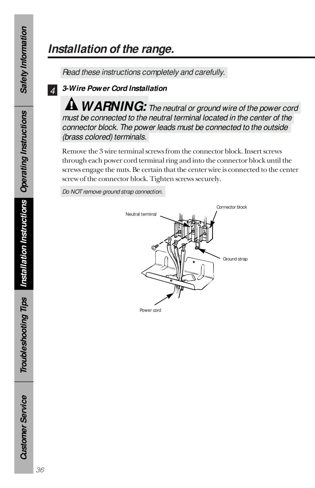 GE 164D3333P150 owner manual Wire Power Cord Installation, Do not remove ground strap connection 