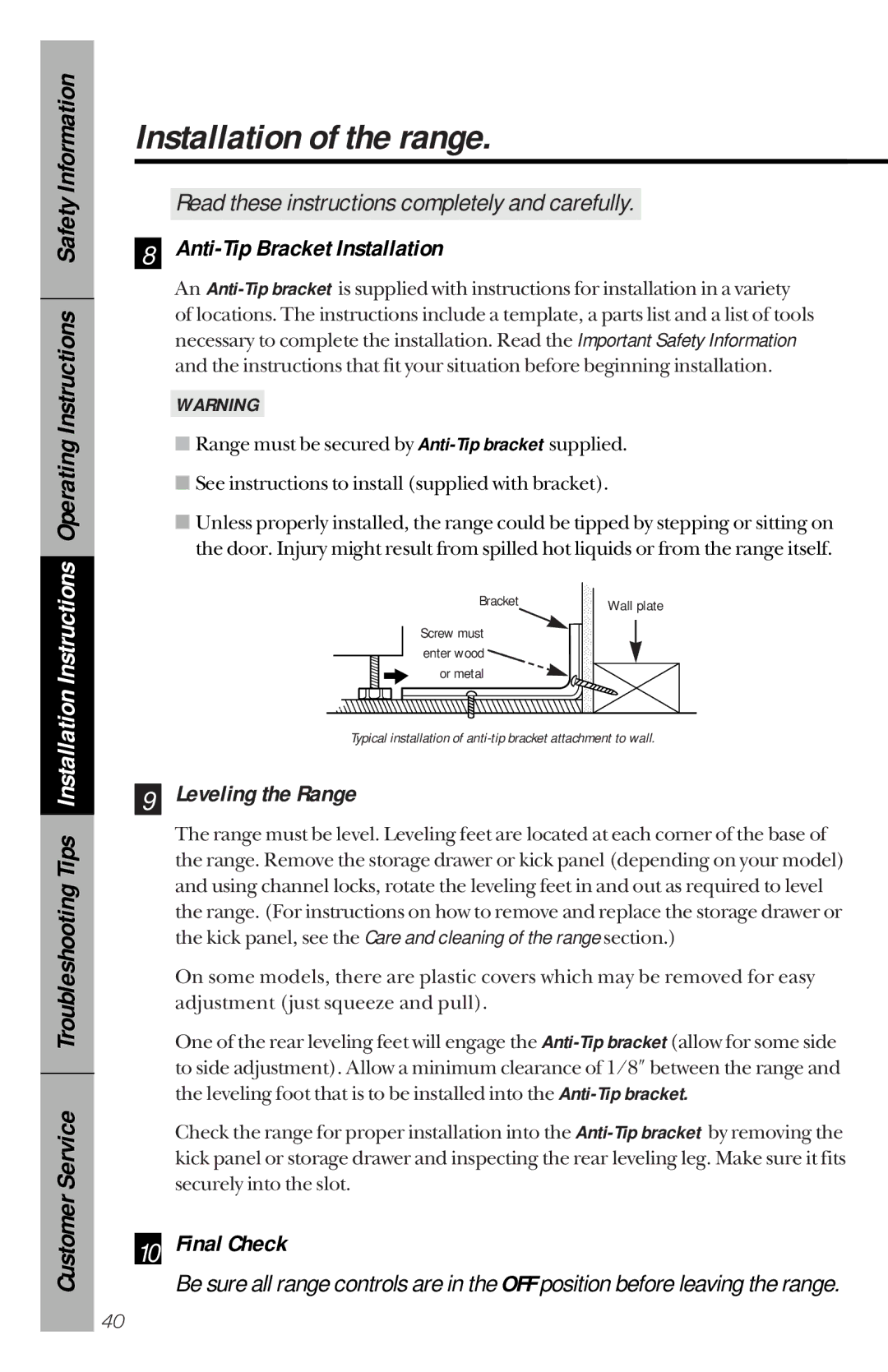 GE 164D3333P150 owner manual Anti-Tip Bracket Installation, Leveling the Range, Final Check 