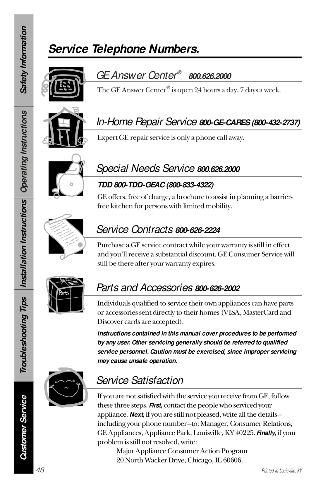 GE 164D3333P150 owner manual Service Telephone Numbers, In-Home Repair Service 800-GE-CARES, TDD 800-TDD-GEAC 