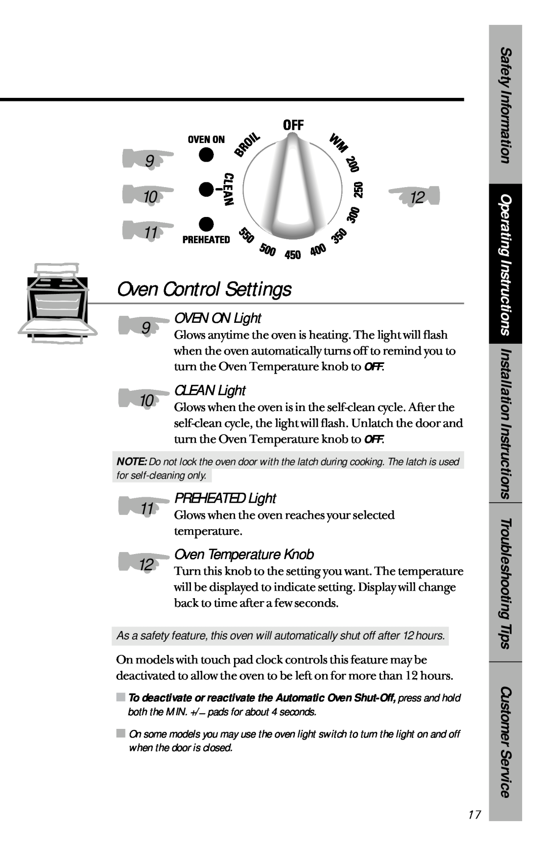 GE 164D3333P150 owner manual Oven Control Settings, OVEN ON Light, CLEAN Light, PREHEATED Light, Oven Temperature Knob 