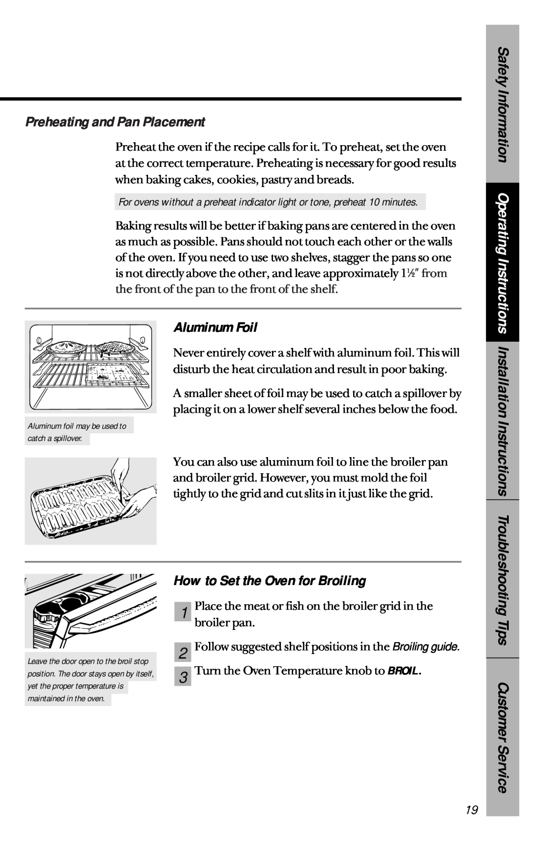 GE 164D3333P150 Preheating and Pan Placement, Aluminum Foil, How to Set the Oven for Broiling, Tips Customer Service 
