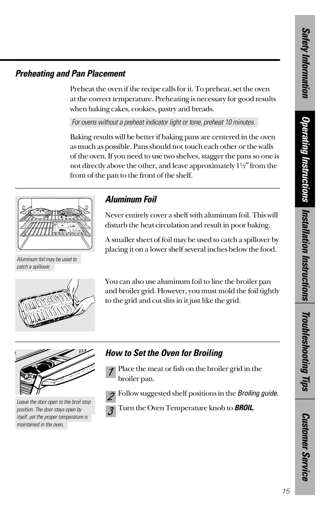 GE 164D3333P172 owner manual Preheating and Pan Placement, Aluminum Foil, How to Set the Oven for Broiling 