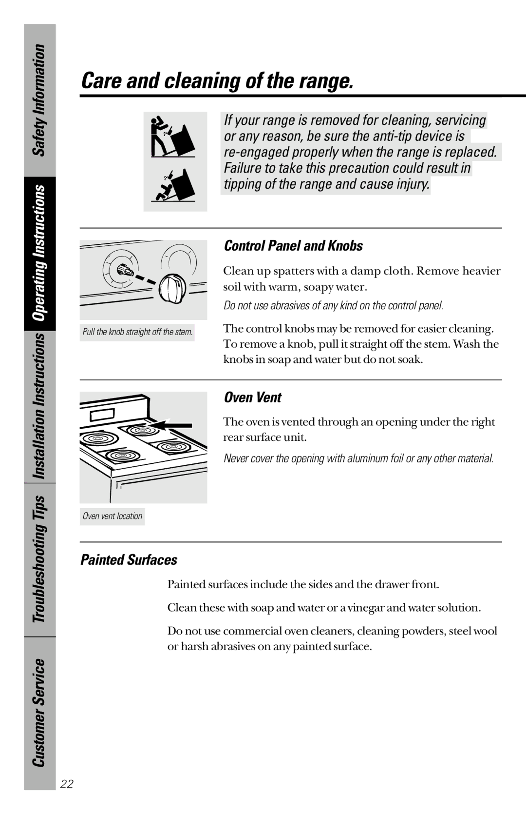 GE 164D3333P172 owner manual Care and cleaning of the range, Control Panel and Knobs, Oven Vent, Painted Surfaces 