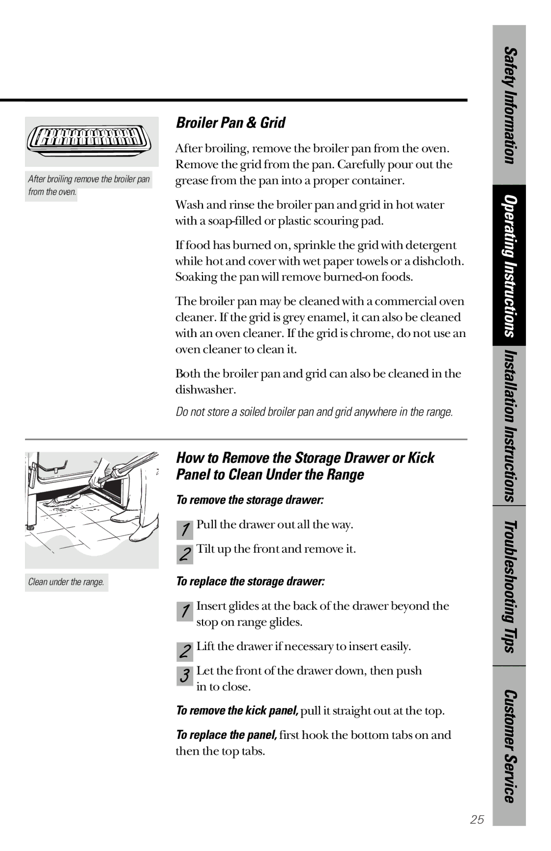 GE 164D3333P172 owner manual Broiler Pan & Grid, To remove the storage drawer, To replace the storage drawer 