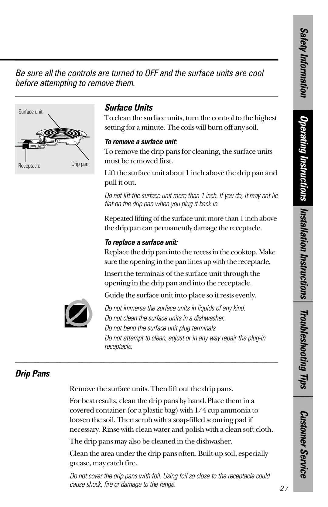 GE 164D3333P172 owner manual Surface Units, Drip Pans, To remove a surface unit, To replace a surface unit 