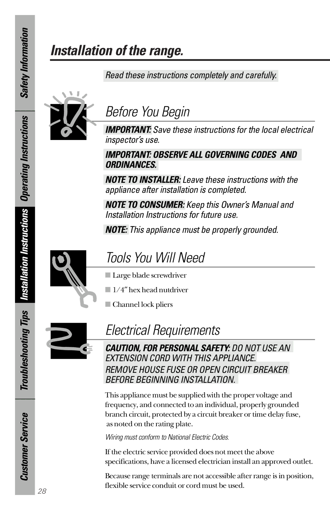 GE 164D3333P172 owner manual Installation of the range, Wiring must conform to National Electric Codes 