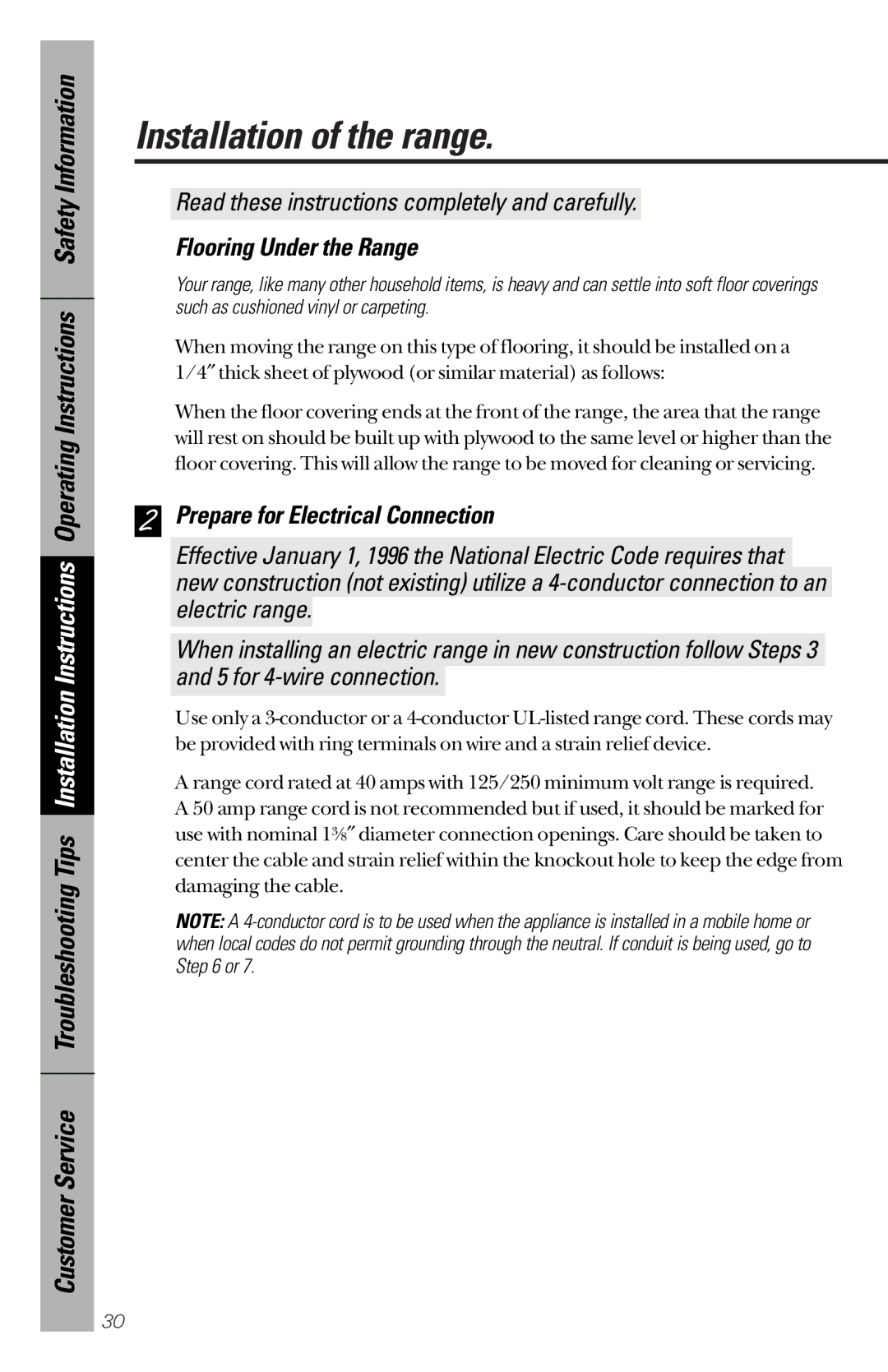 GE 164D3333P172 owner manual Flooring Under the Range, Prepare for Electrical Connection 