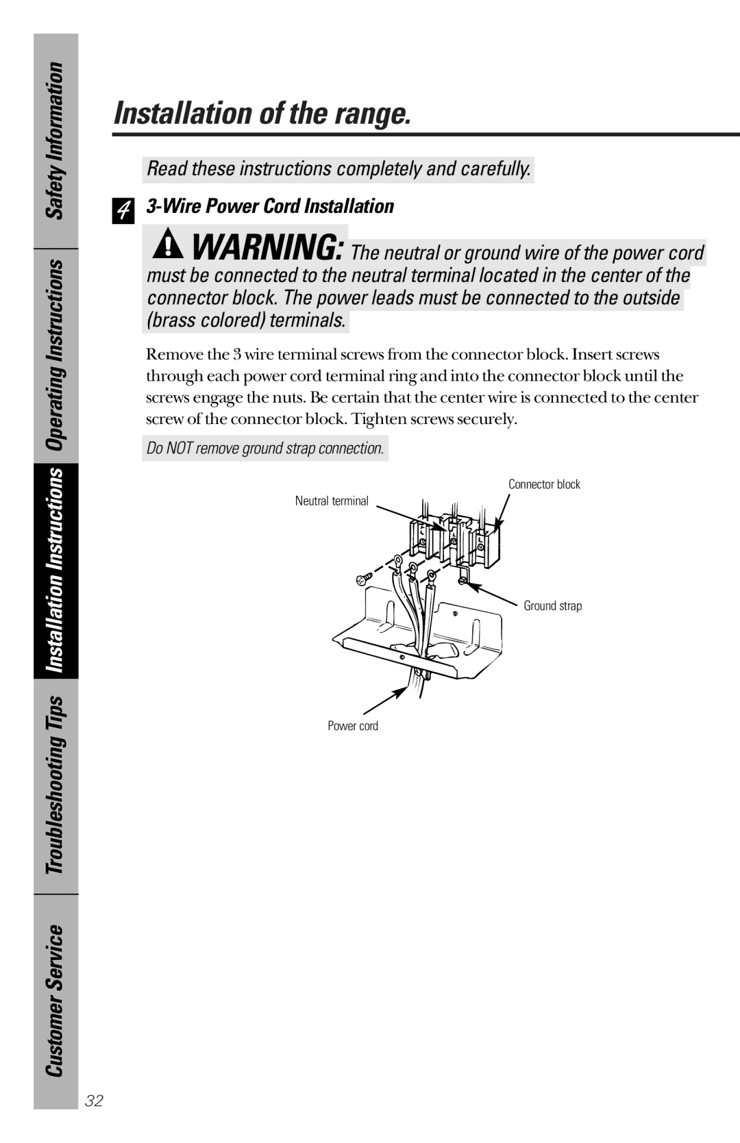 GE 164D3333P172 owner manual Wire Power Cord Installation, Do not remove ground strap connection 