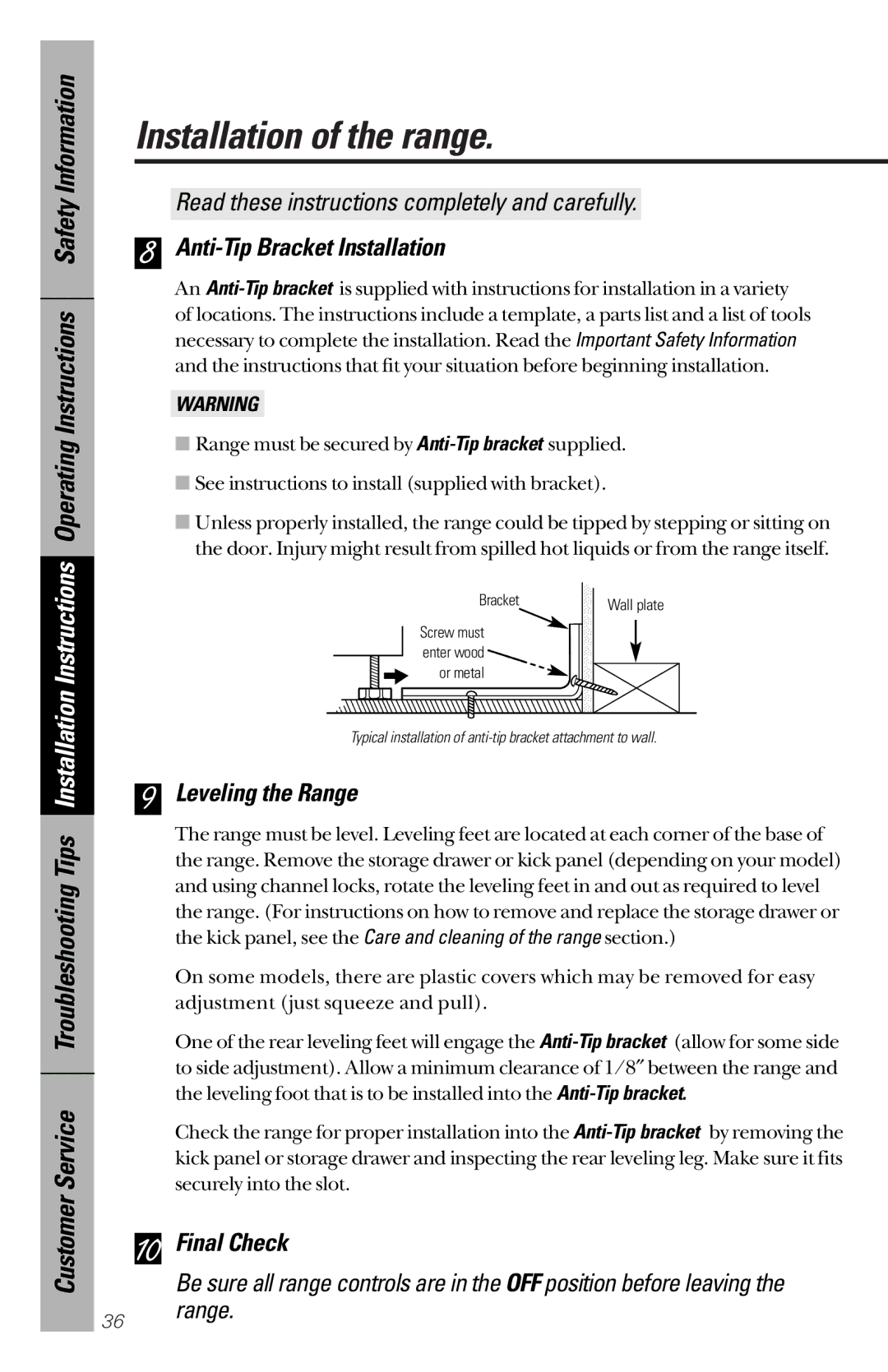 GE 164D3333P172 owner manual Anti-Tip Bracket Installation, Leveling the Range, Final Check 