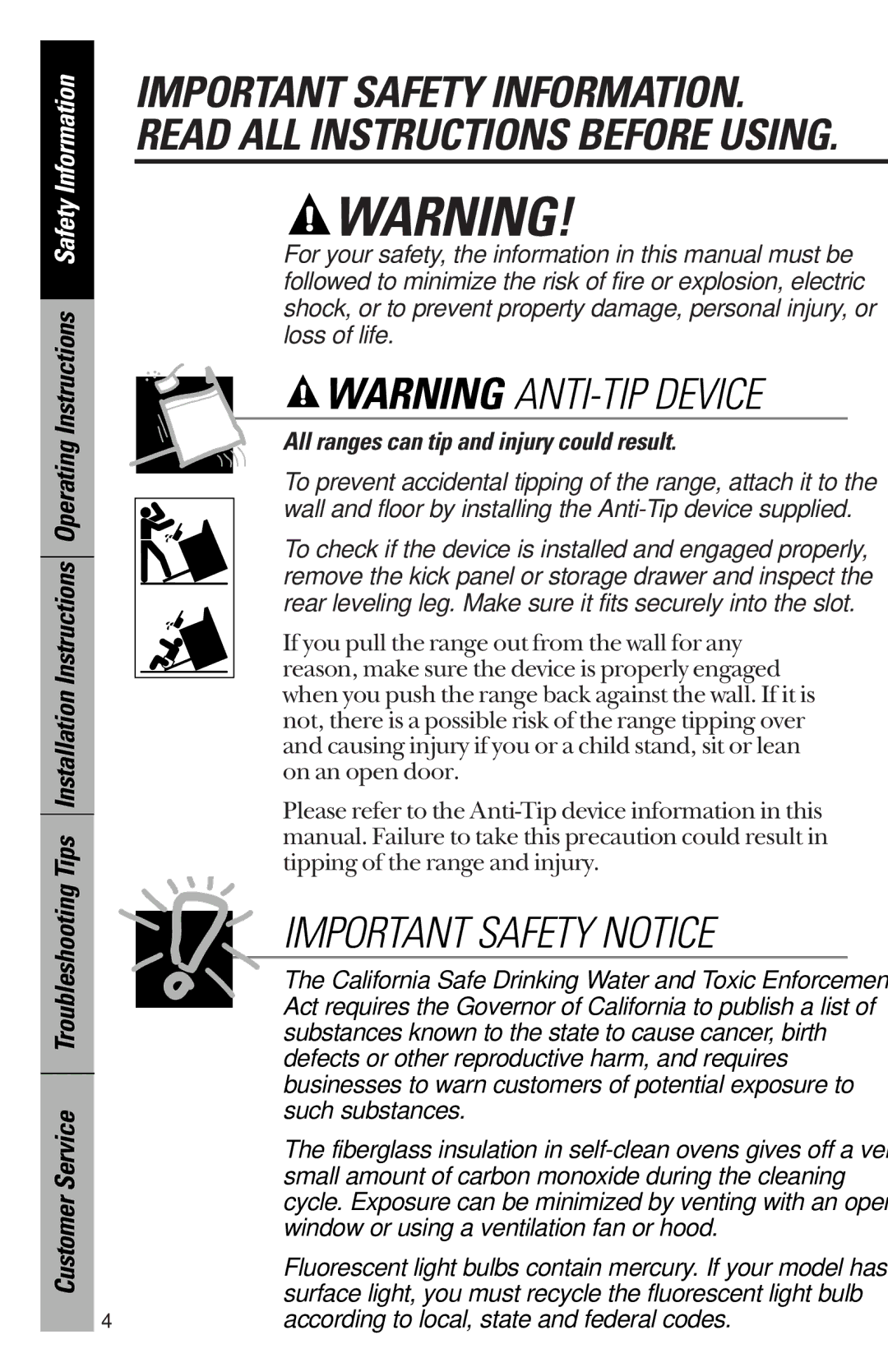 GE 164D3333P172 All ranges can tip and injury could result, California Safe Drinking Water and Toxic Enforcement 