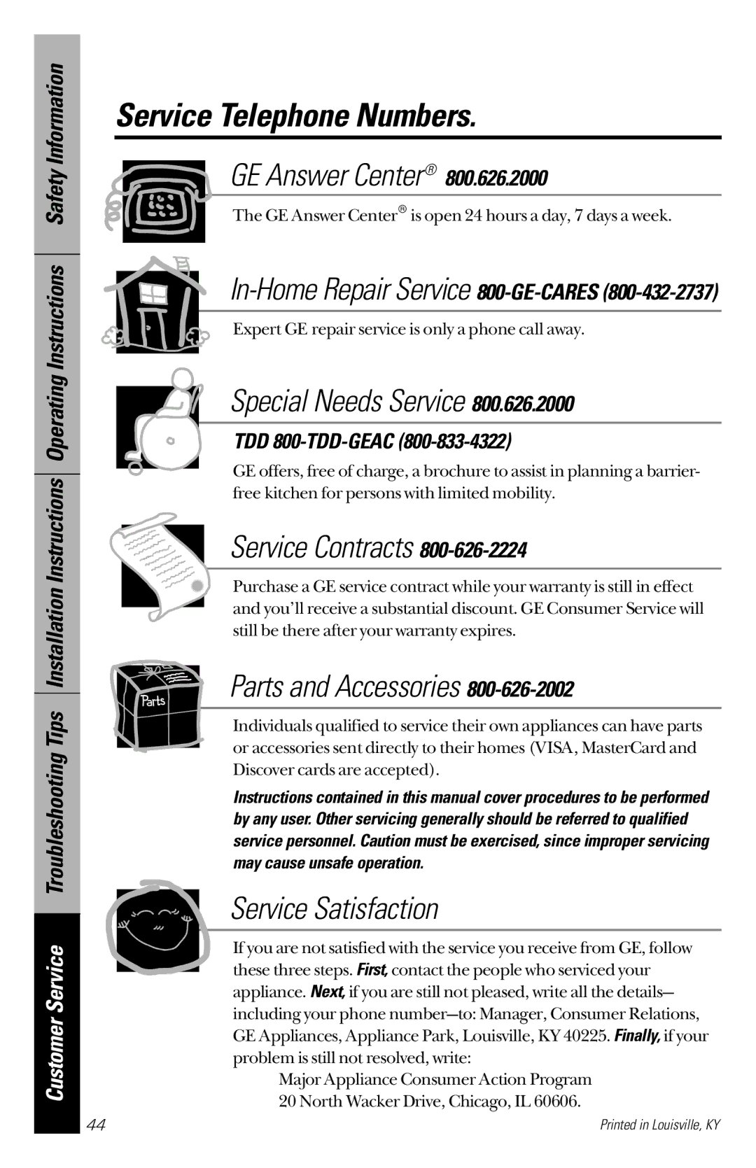 GE 164D3333P172 owner manual Service Telephone Numbers, In-Home Repair Service 800-GE-CARES, TDD 800-TDD-GEAC 