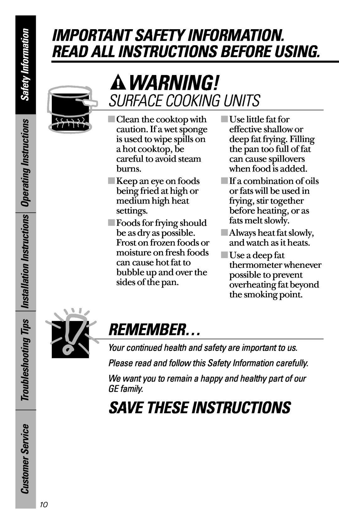 GE 164D3333P172 Customer Service Troubleshooting Tips, Surface Cooking Units, Remember…, Save These Instructions 