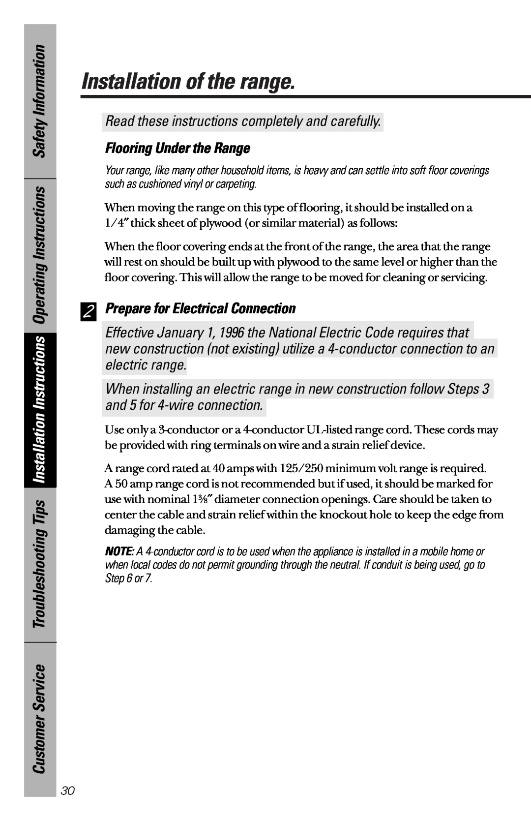 GE 164D3333P172 owner manual Flooring Under the Range, Prepare for Electrical Connection, Installation of the range 