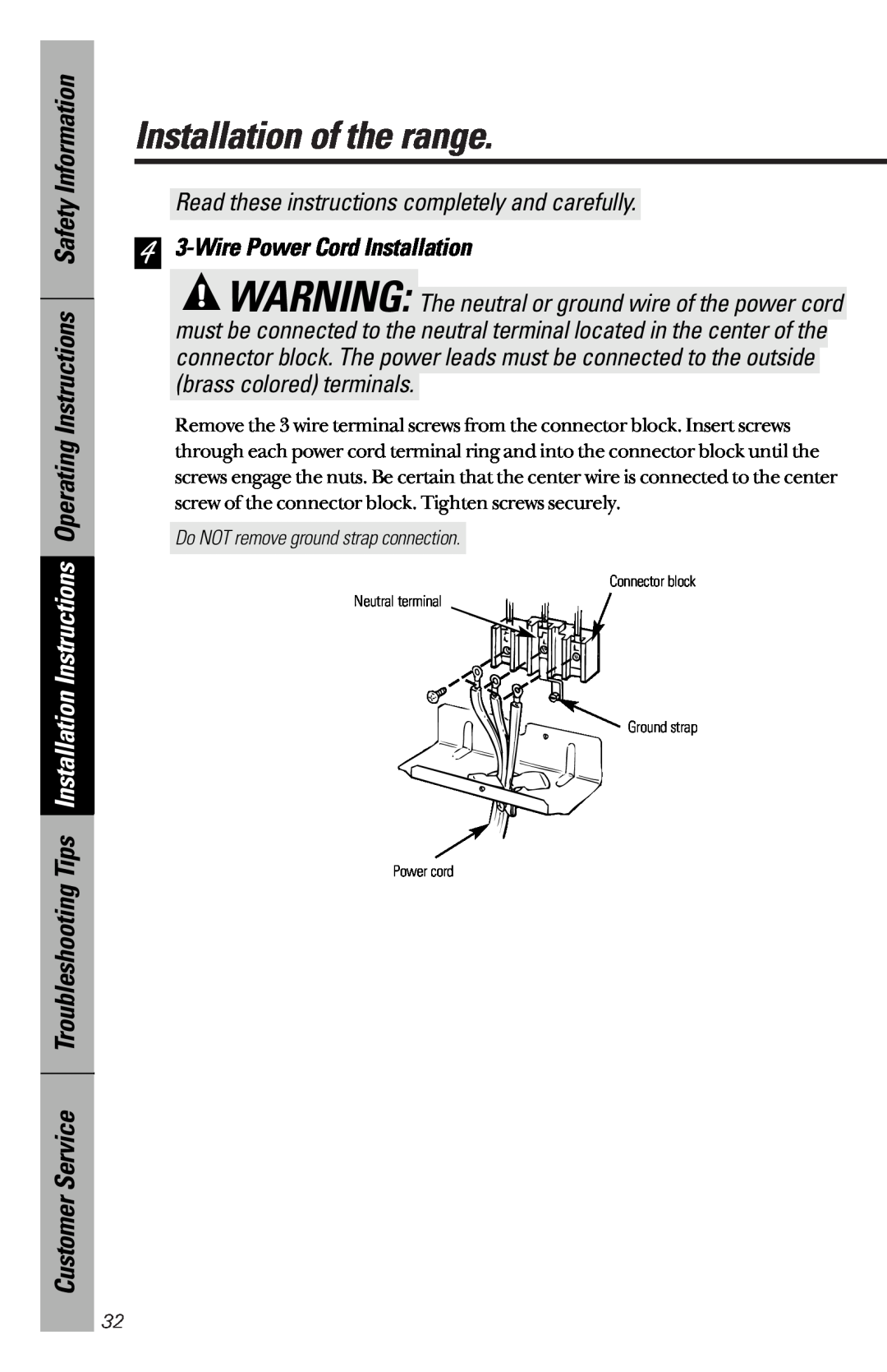 GE 164D3333P172 owner manual 4 3-WirePower Cord Installation, Installation of the range 